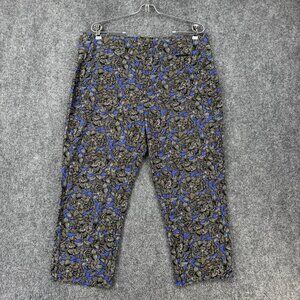 Chicos Travelers Floral Print Capri Pants 2.5R US Size 14R Black & Blue Stretch